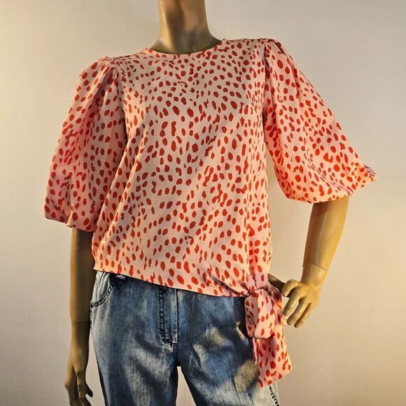 VINCE CAMUTO Animal Print Puff Sleeve Tangerine Blouse Sash Tie Womens Sz XS - Picture 5 of 11